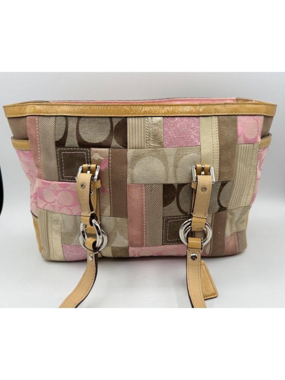 COACH F13721 Pink Holiday Patchwork Tote Bag Metallic Y2K Shoulder Bag Pastel